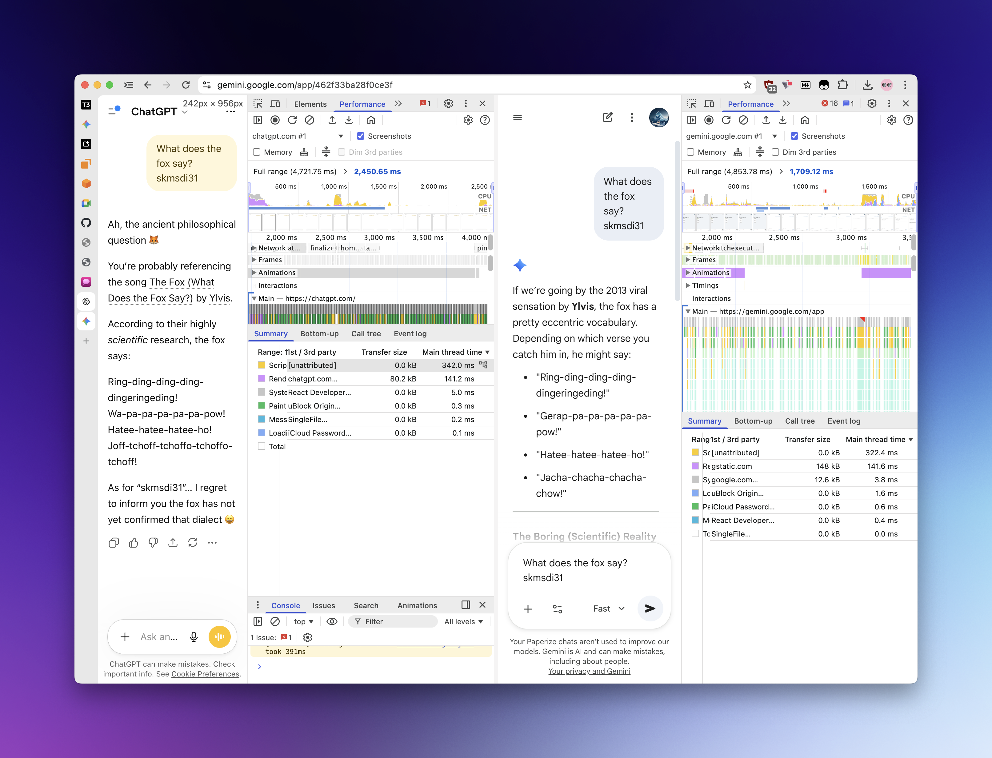 Browser performance recording showing a representative TTFT capture