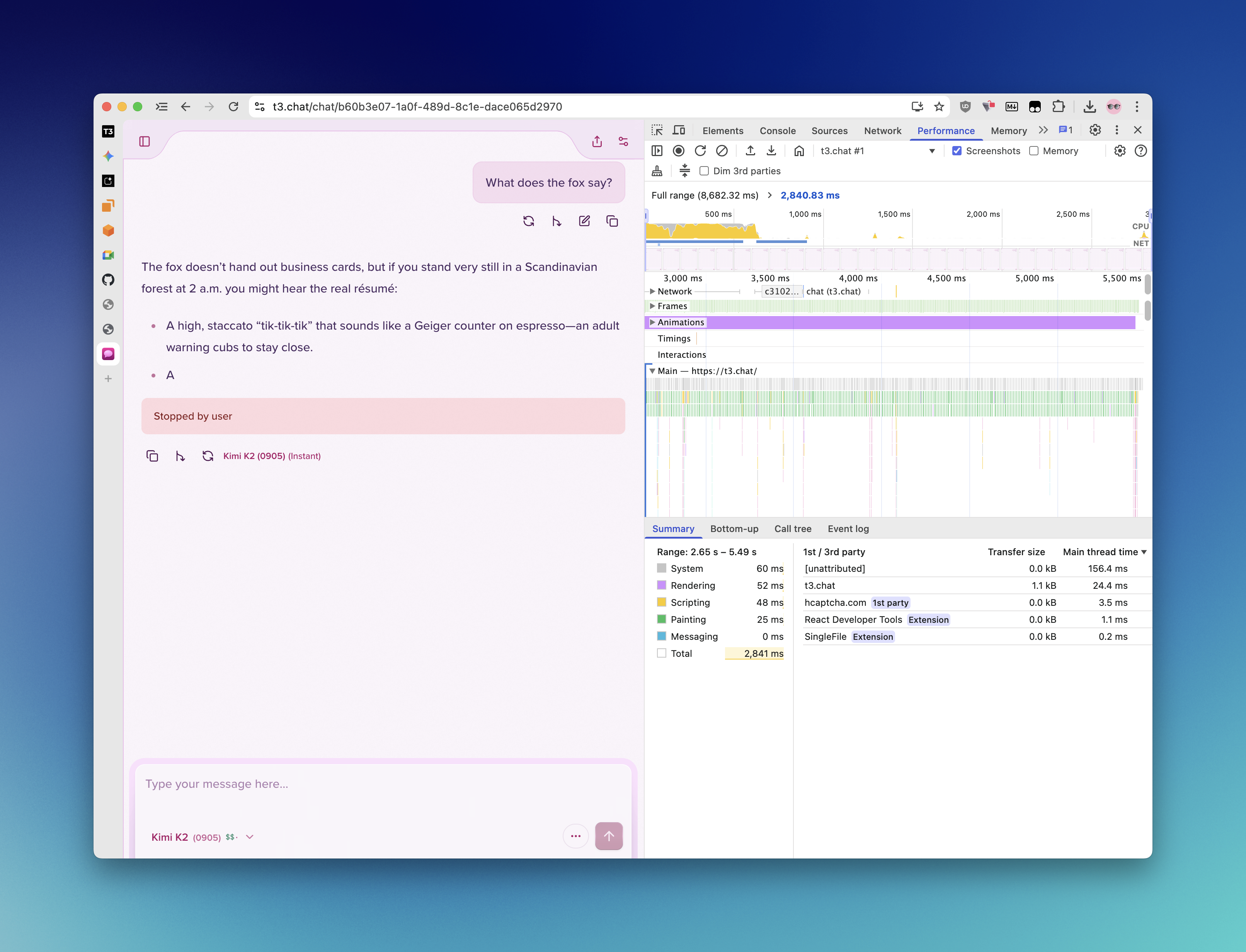Browser performance recording showing a second representative capture